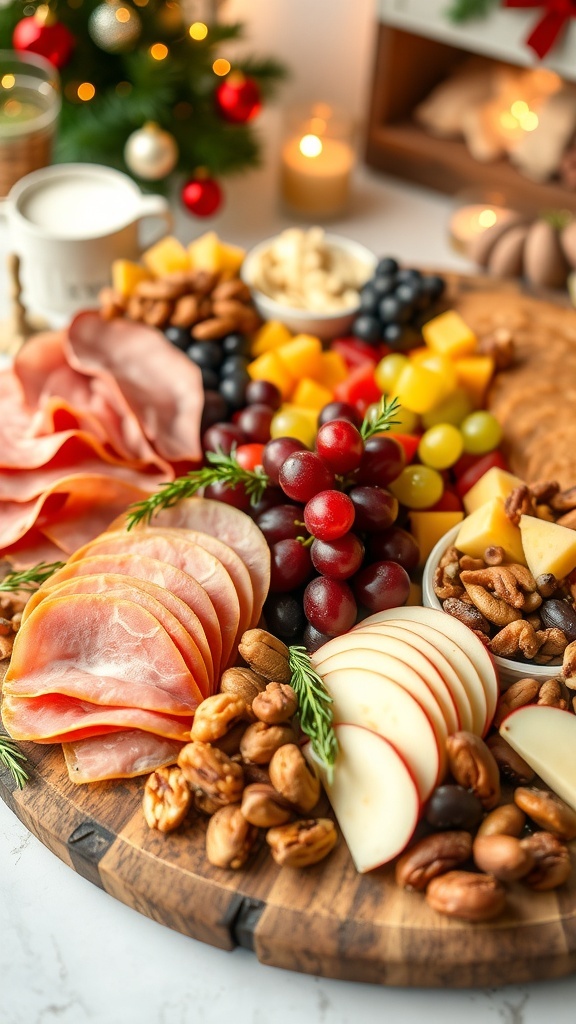 A festive charcuterie board with meats, cheeses, fruits, and nuts for Christmas.